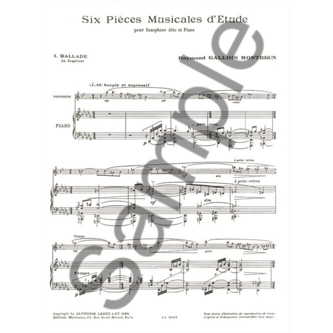 GALLOIS MONTBRUN, RAYMOND.- SIX PICES MUSICALES DTUDE SAMPLE